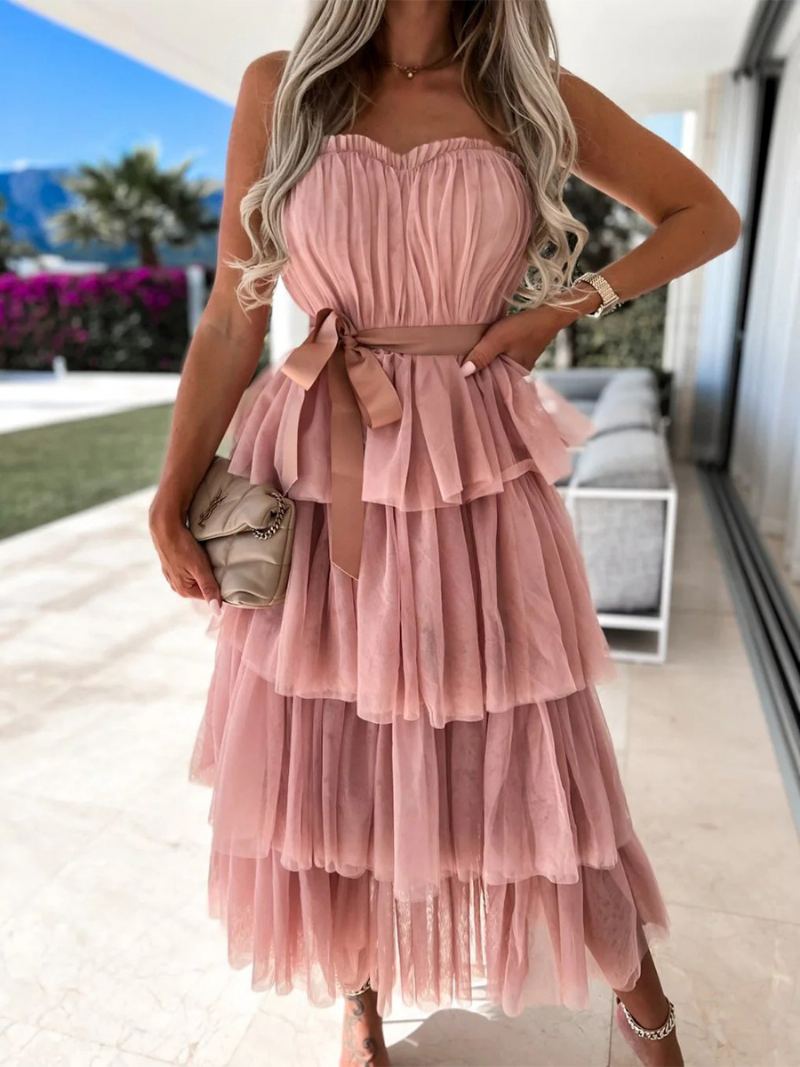 Dame Tyll Ruffles Dress Off The Shoulder Lagdelte Maksikjoler Med Belte - Rosa