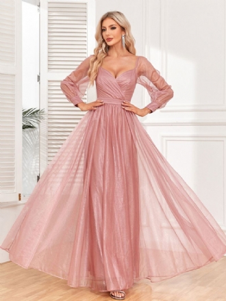 Elegant Gallakjole For Kvinner Surplice Neck Illusion Ermer Rosa Maxi Kjoler