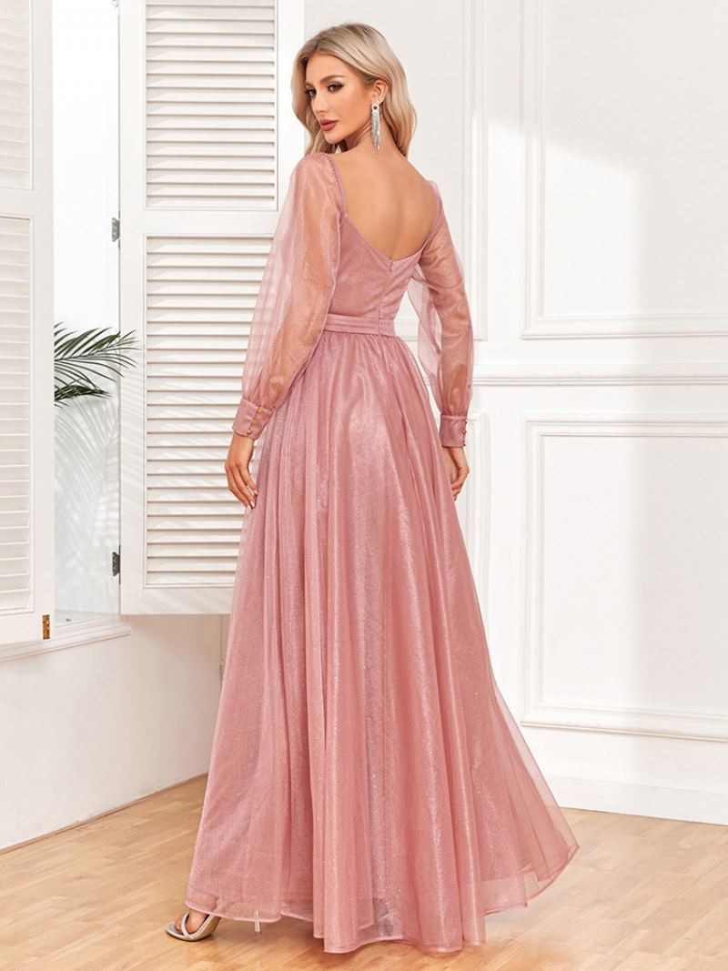 Elegant Gallakjole For Kvinner Surplice Neck Illusion Ermer Rosa Maxi Kjoler - Rosa