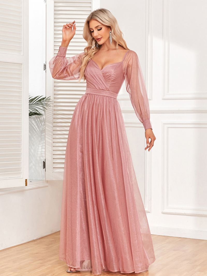 Elegant Gallakjole For Kvinner Surplice Neck Illusion Ermer Rosa Maxi Kjoler - Rosa