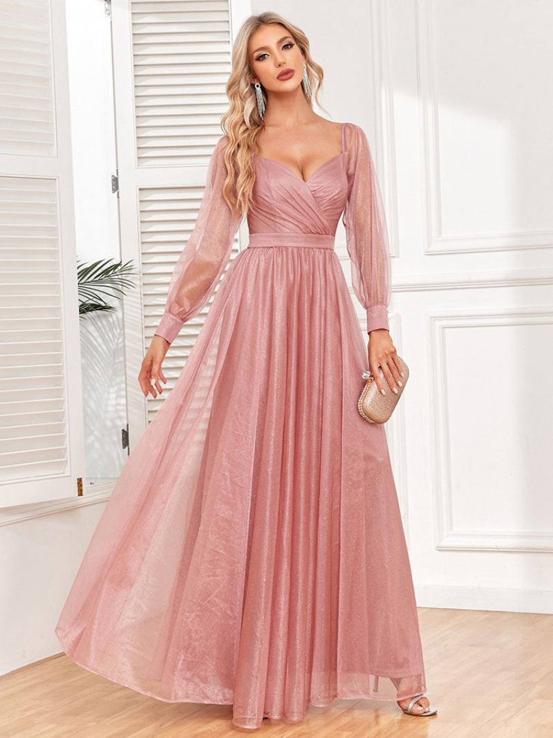 Elegant Gallakjole For Kvinner Surplice Neck Illusion Ermer Rosa Maxi Kjoler - Rosa