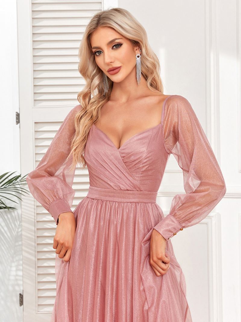 Elegant Gallakjole For Kvinner Surplice Neck Illusion Ermer Rosa Maxi Kjoler - Rosa