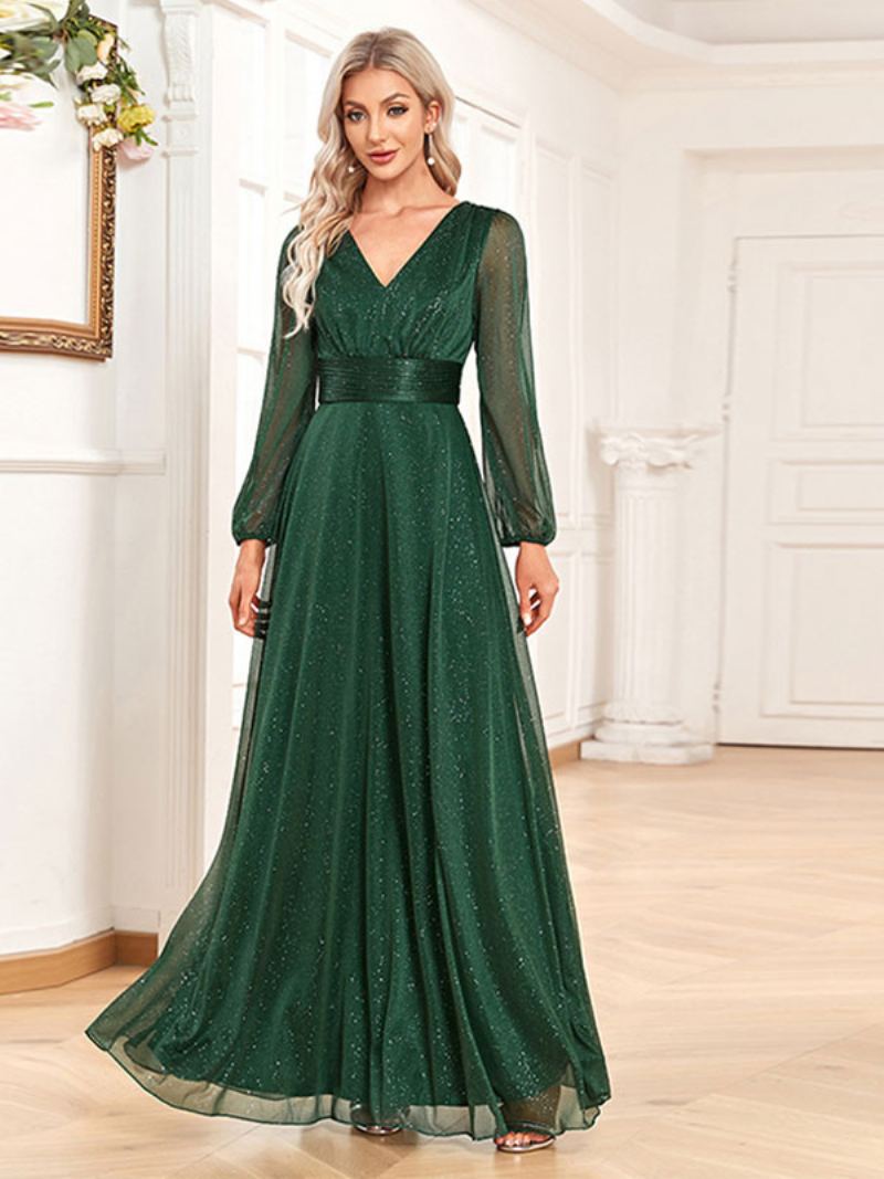 Festkjoler Til Kvinner Mørkegrønn V-hals Langermet Sheer Prom Maxi Dress