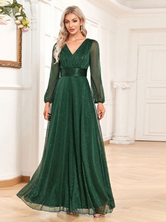 Festkjoler Til Kvinner Mørkegrønn V-hals Langermet Sheer Prom Maxi Dress