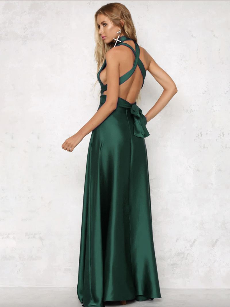 Kvinners Åpen Rygg Maxikjole Halter Plunge Crossover Waist Prom Dress - Grønn