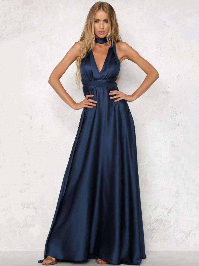 Kvinners Åpen Rygg Maxikjole Halter Plunge Crossover Waist Prom Dress - Mørk Marine