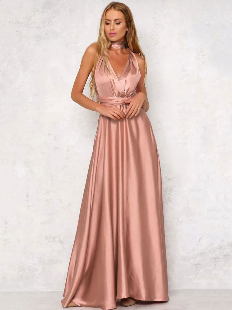 Kvinners Åpen Rygg Maxikjole Halter Plunge Crossover Waist Prom Dress - Vannmelonrød