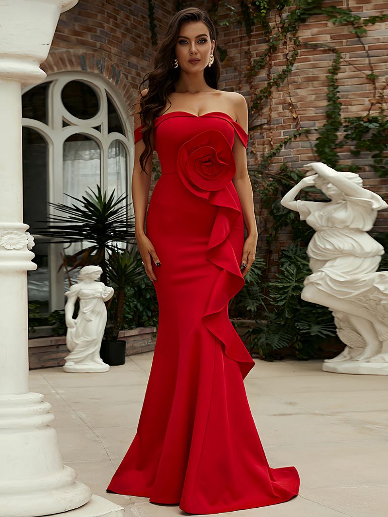 Kvinners Blossom Maxi Dress Off The Shoulder Backless Ruffles Ballkjoler