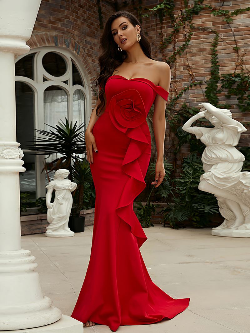 Kvinners Blossom Maxi Dress Off The Shoulder Backless Ruffles Ballkjoler - Rød