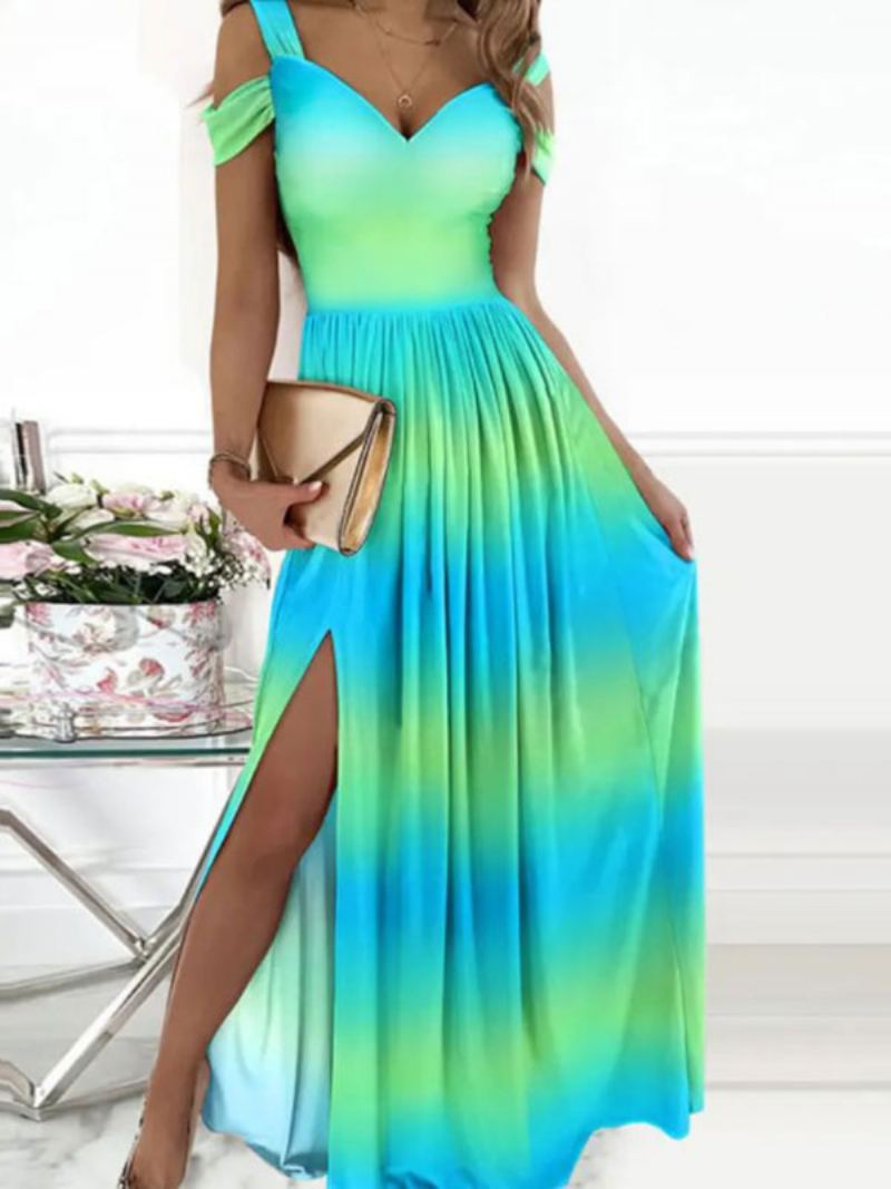 Kvinners Off-the-shoulder Maxi-kjole Korte Ermer Sexy Åpen Skulder Ball Lang Kjole - Aqua