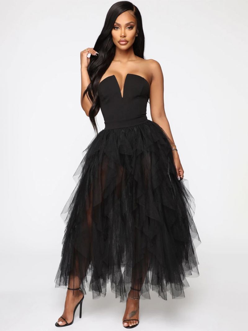 Kvinners Tyllkjole Off The Shoulder Tiny V-hals Backless Prom Party Maxi-kjoler - Svart