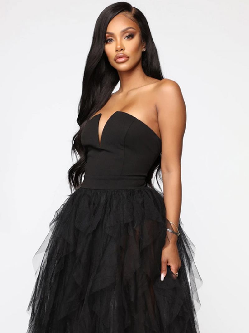 Kvinners Tyllkjole Off The Shoulder Tiny V-hals Backless Prom Party Maxi-kjoler - Svart