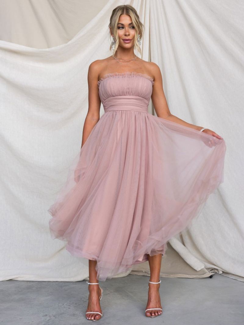 Kvinners Tyllkjoler Stroppløse Plisserte Off The Shoulder Lagdelt Prom Midi Dress