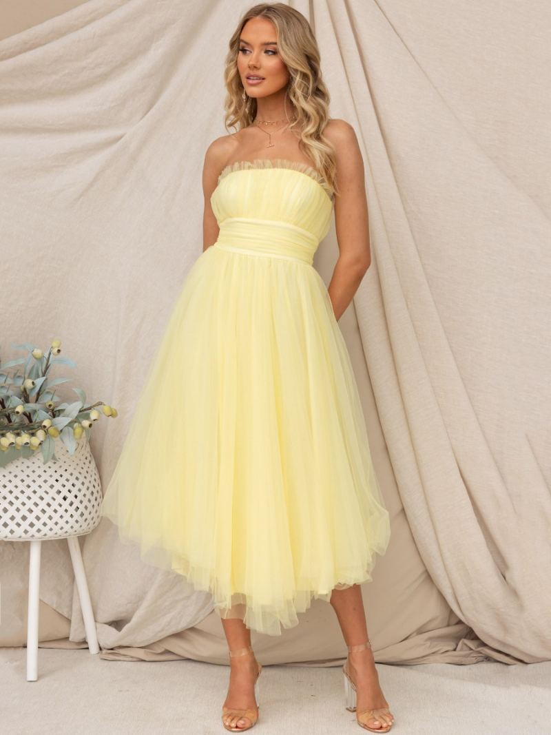 Kvinners Tyllkjoler Stroppløse Plisserte Off The Shoulder Lagdelt Prom Midi Dress - Gul