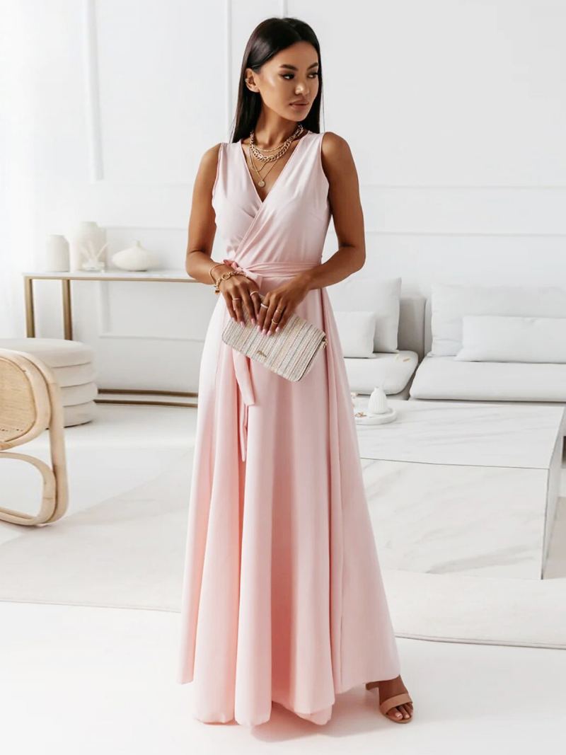 Kvinners V-hals Kjoler Snøring Ermeløs Lagdelt Prom Maxi Dress - Rosa