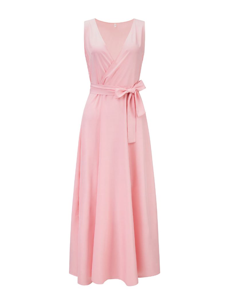 Kvinners V-hals Kjoler Snøring Ermeløs Lagdelt Prom Maxi Dress - Rosa