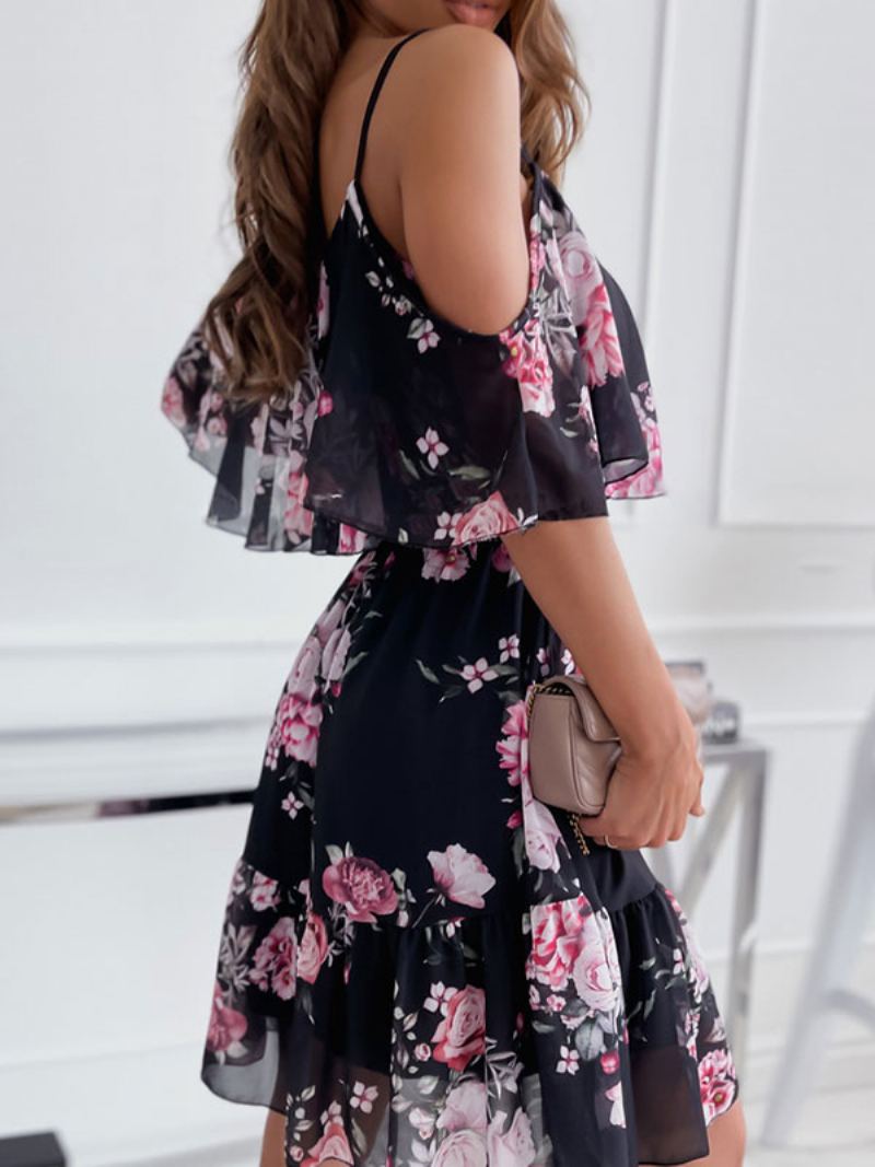 Skaterkjoler For Kvinner Med Blomstertrykk Stropper Hals Rosa Sexy Halve Ermer Fit And Flare Dress - Svart