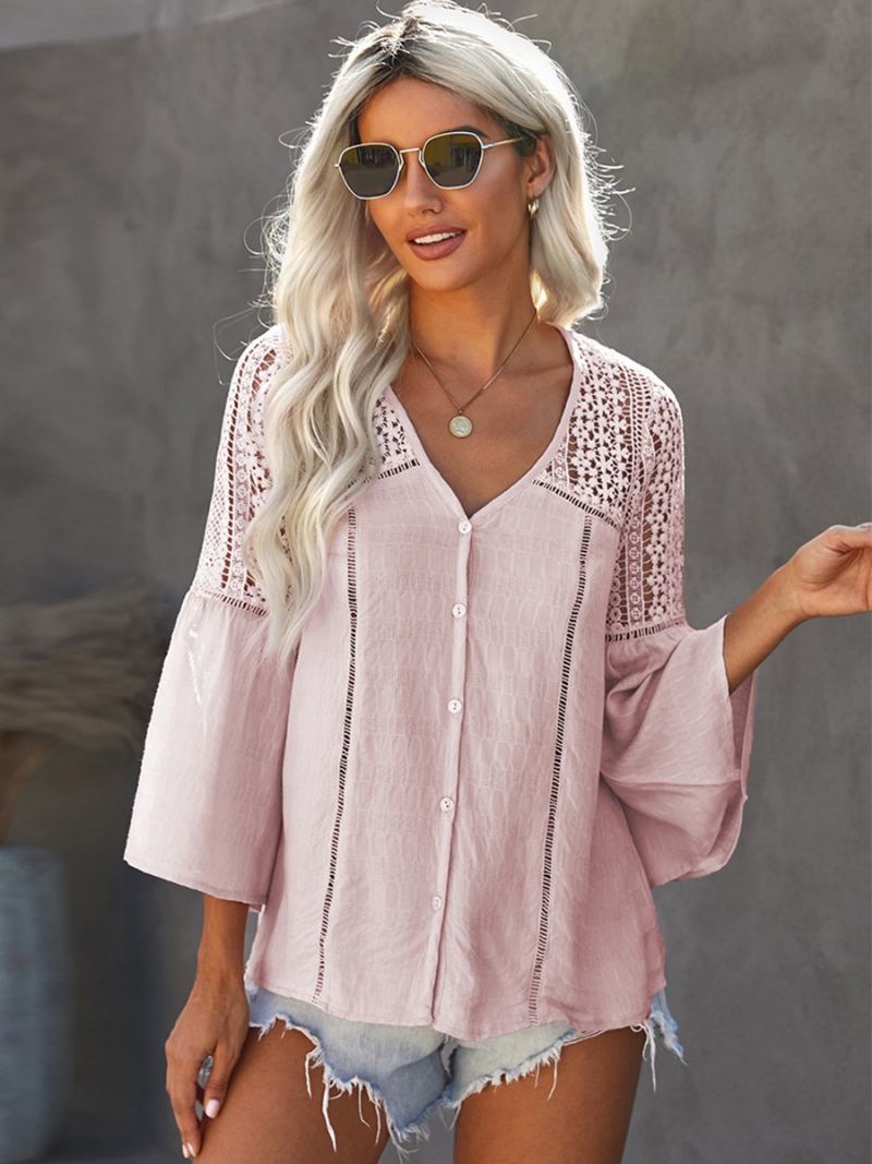 Bluse For Dame Hvit Polyester V-hals Elegant Heklet Langermet Topper - Rosa