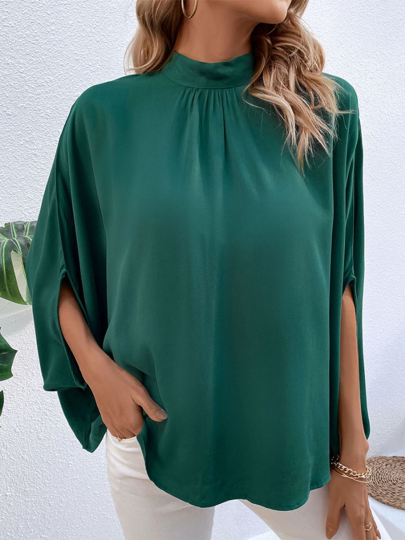 Bluse For Dame Mørkegrønn Høy Krage Casual Half Sleeves Topper - Mørk Grønn