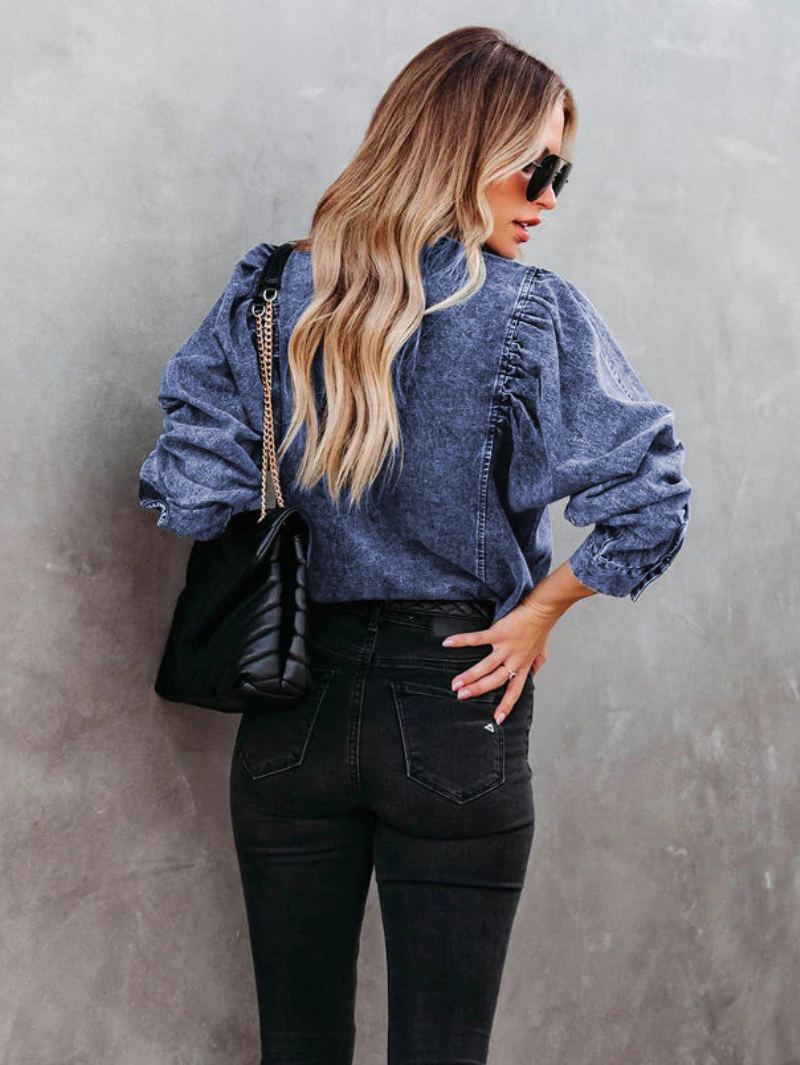 Bluse For Dame Svart Denim Turndown Krage Casual Langermede Topper - Blå