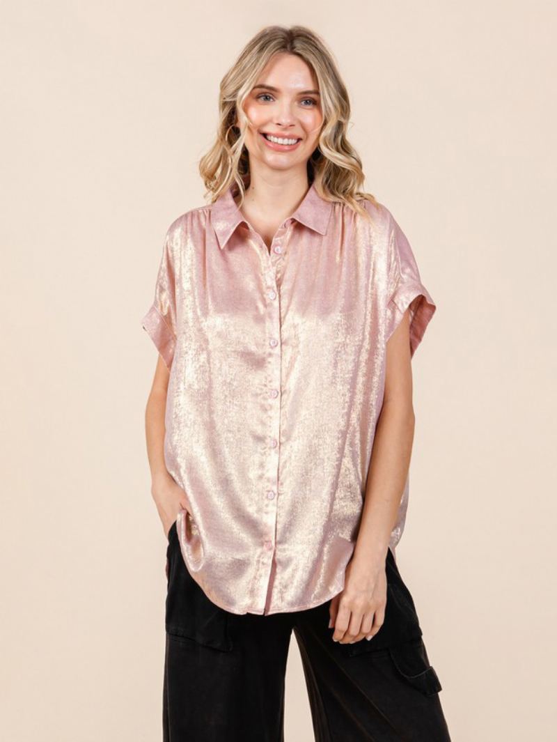 Bluse For Kvinner Hvit Overdimensjonert Plissert Turndown-krage Uformelt Korte Ermer Polyester Topper - Rosa