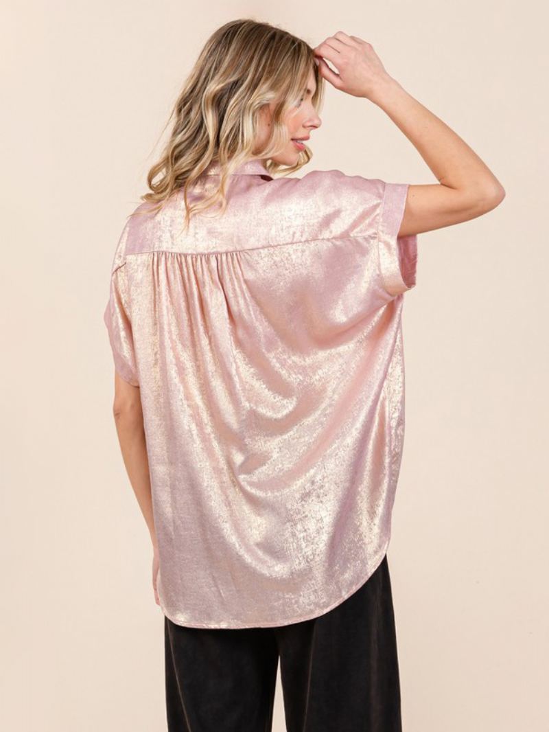 Bluse For Kvinner Hvit Overdimensjonert Plissert Turndown-krage Uformelt Korte Ermer Polyester Topper - Rosa