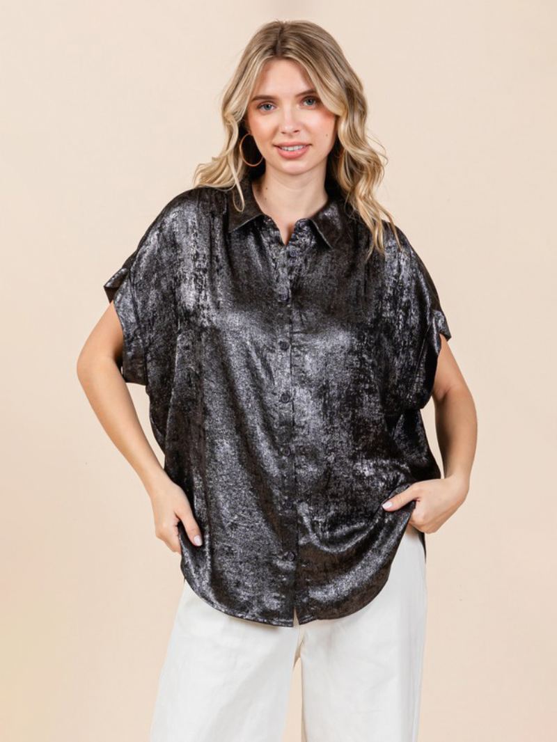 Bluse For Kvinner Hvit Overdimensjonert Plissert Turndown-krage Uformelt Korte Ermer Polyester Topper - Svart