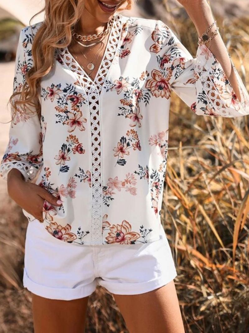 Bluse For Kvinner Hvit V-hals Casual Floral Print Cut Out Halve Ermer Topper - Hvit