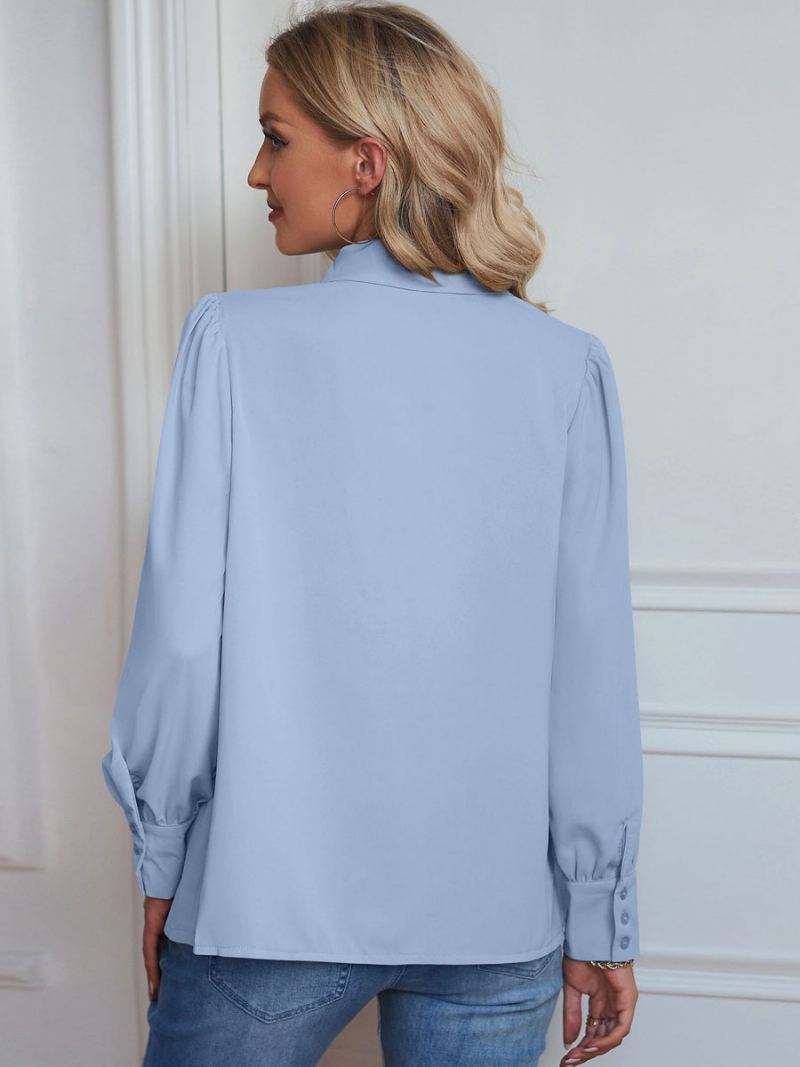 Bluse For Kvinner Hvit V-hals Casual Langermede Topper - Lys Himmelblå