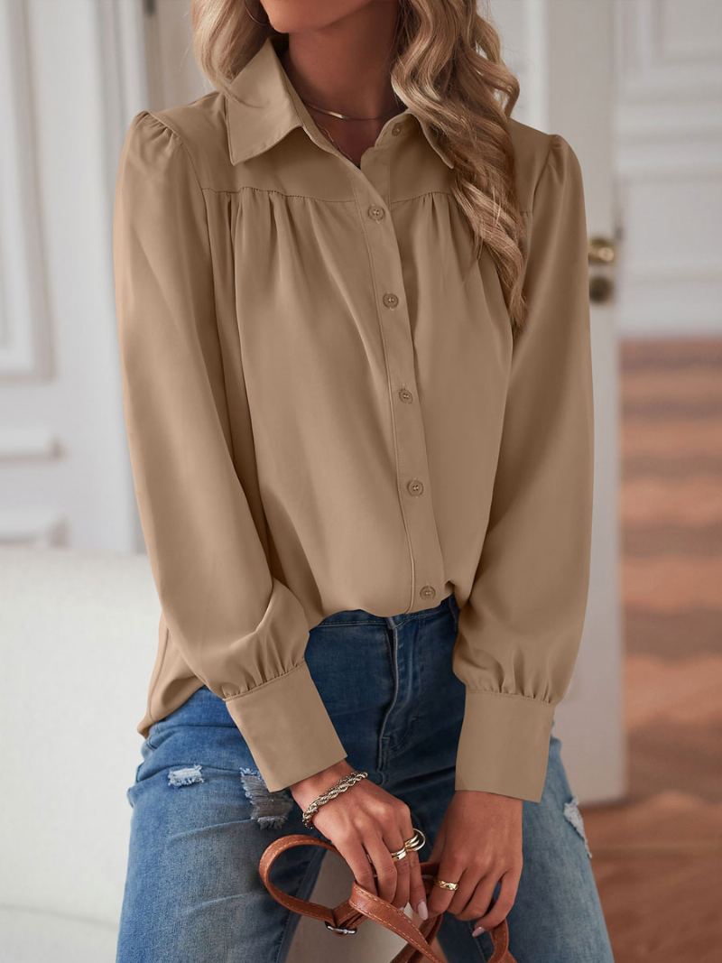 Bluse For Kvinner Hvit V-hals Casual Langermede Topper - Khaki