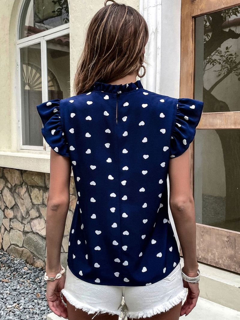 Bluse For Kvinner Mørk Marineblå Chiffon Juvel Hals Uformelle Knapper Korte Ermer Topper - Mørk Navy