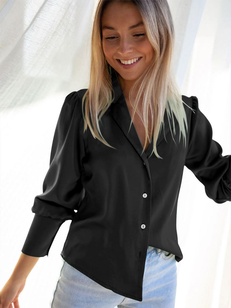 Bluse For Kvinner Turndown Krage Knapper Lange Ermer Chic Topper - Sort