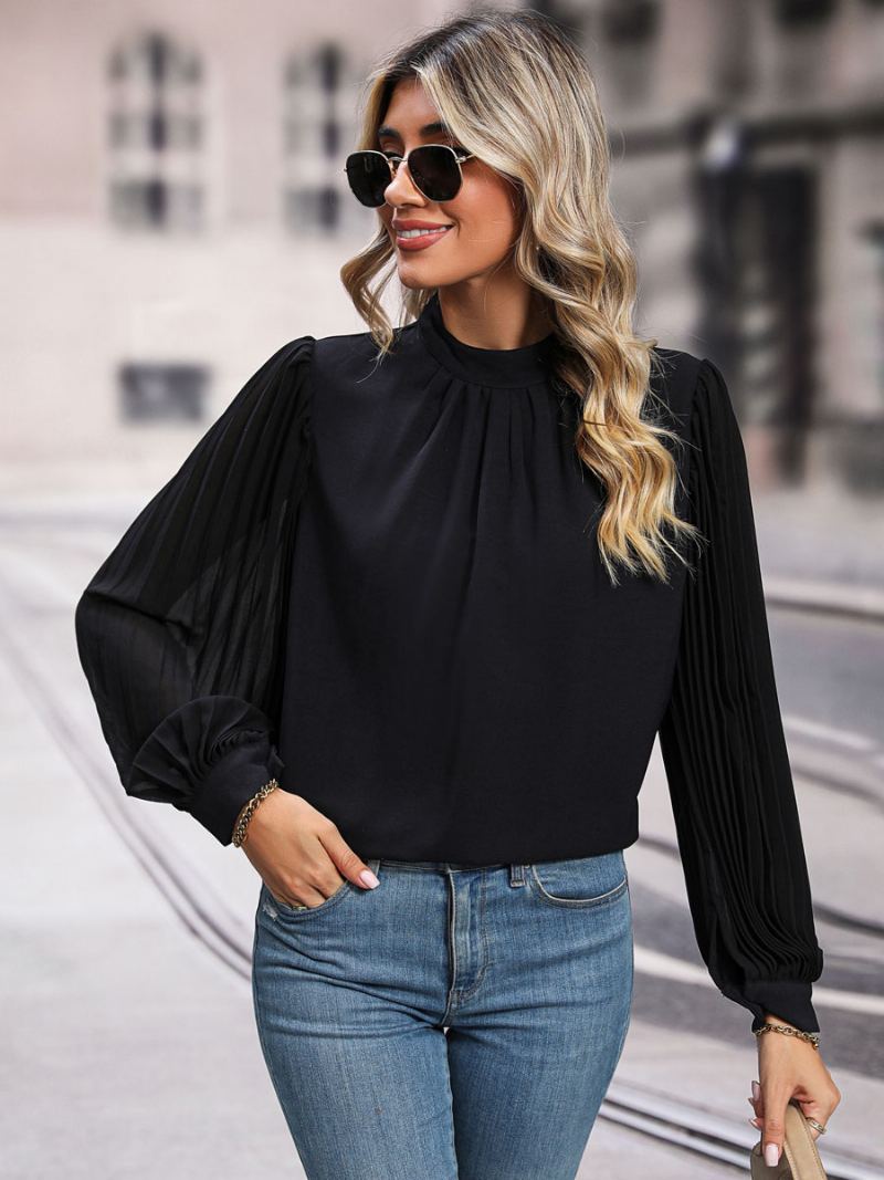 Bluse Svart Crewneck Elegante Langermede Topper For Dame