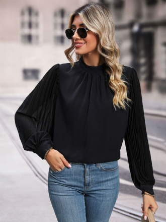 Bluse Svart Crewneck Elegante Langermede Topper For Dame