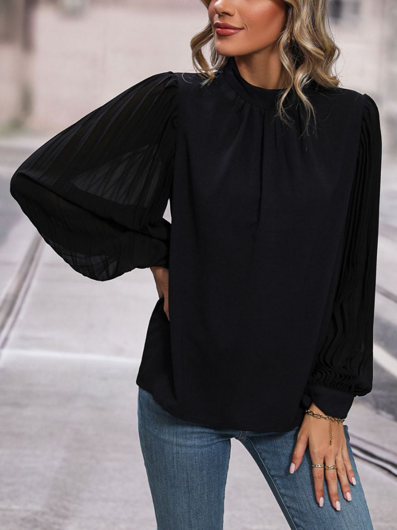 Bluse Svart Crewneck Elegante Langermede Topper For Dame - Svart