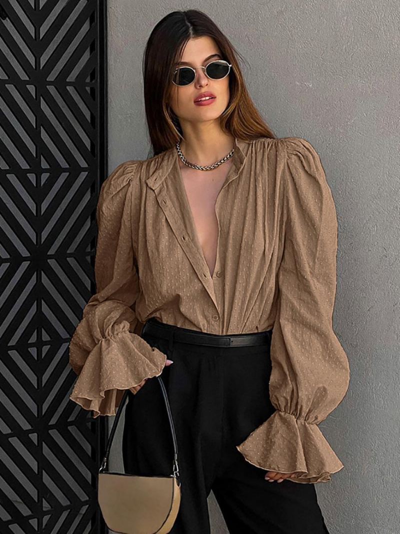 Cabriolet Skjorte Ruffles Sleeves Topp For Kvinner - Khaki