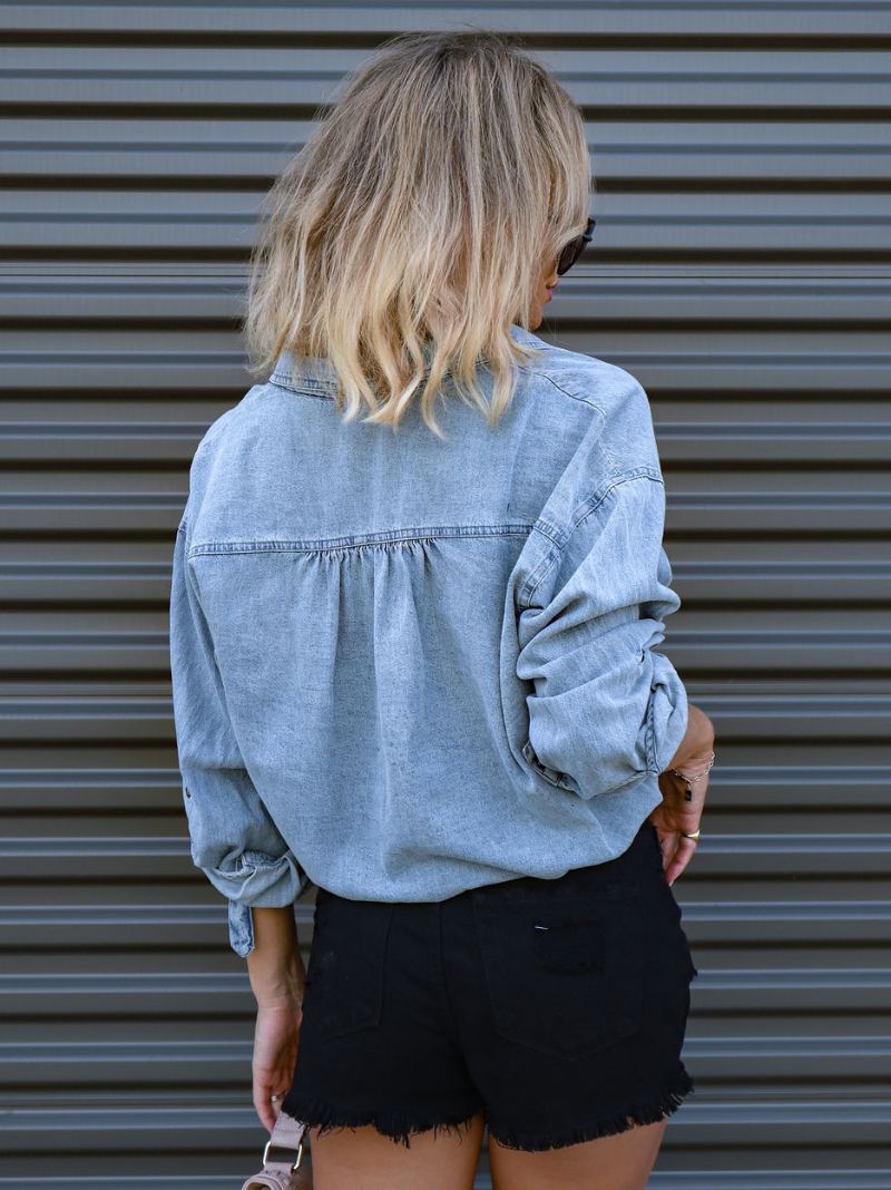 Dame Denim Bluse Drop Skulder Langermet Knapper Snøring Topper - Lys Himmelblå