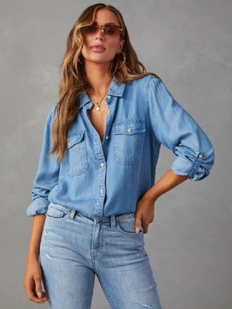 Denim Bluse For Kvinner Turndown Krage Klaff Lommer Daglig Topper