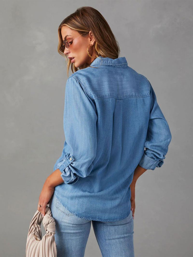 Denim Bluse For Kvinner Turndown Krage Klaff Lommer Daglig Topper - Blå