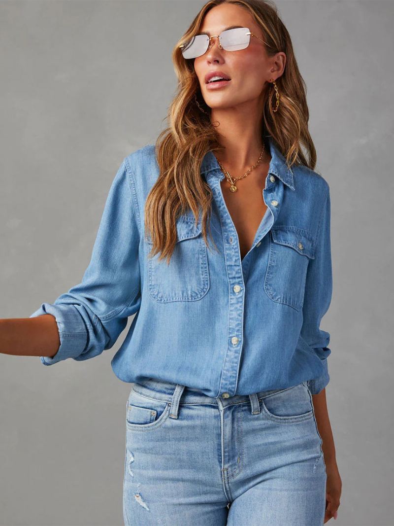 Denim Bluse For Kvinner Turndown Krage Klaff Lommer Daglig Topper - Blå