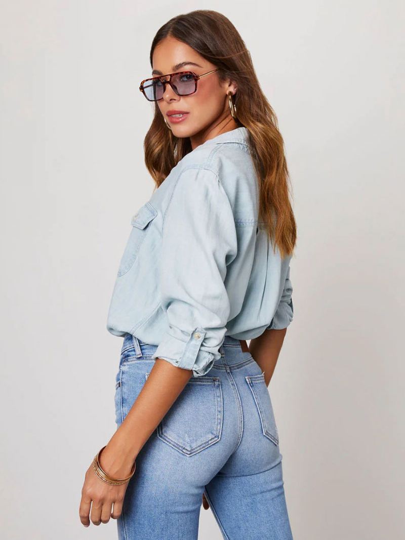 Denim Bluse For Kvinner Turndown Krage Klaff Lommer Daglig Topper - Lys Himmelblå