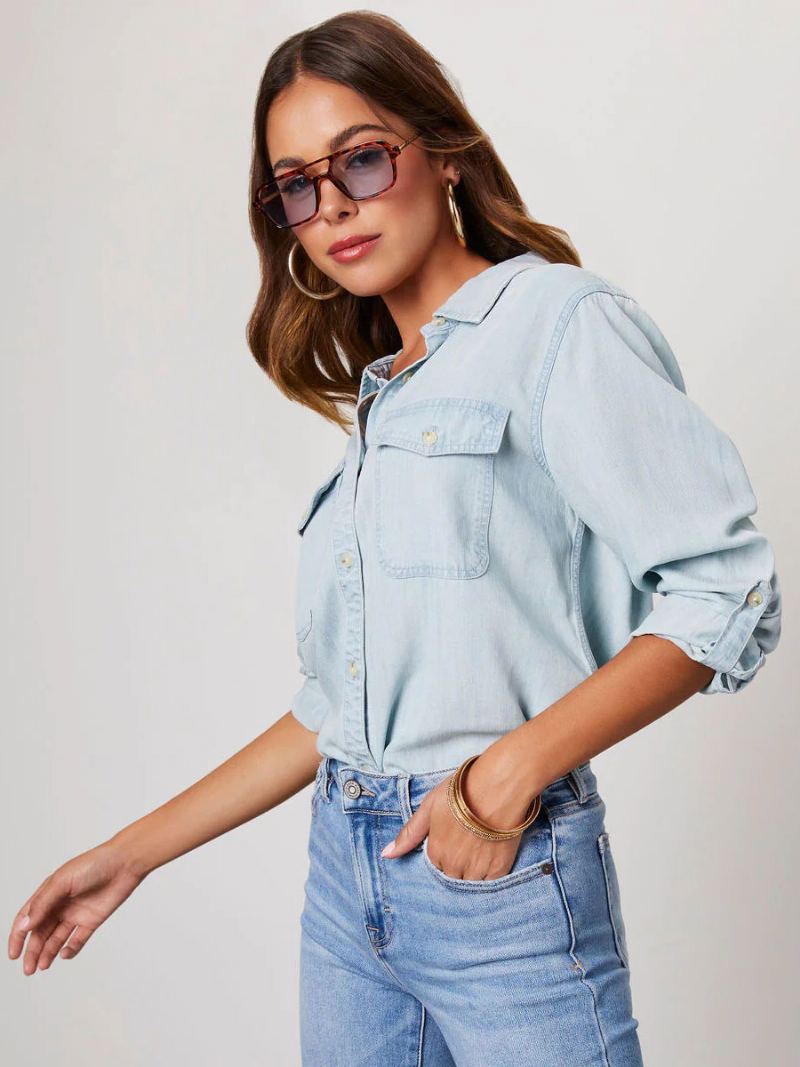 Denim Bluse For Kvinner Turndown Krage Klaff Lommer Daglig Topper - Lys Himmelblå