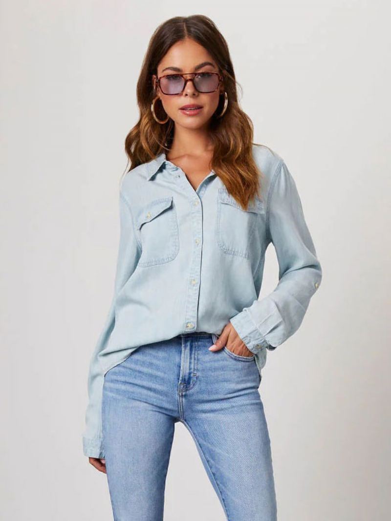 Denim Bluse For Kvinner Turndown Krage Klaff Lommer Daglig Topper - Lys Himmelblå