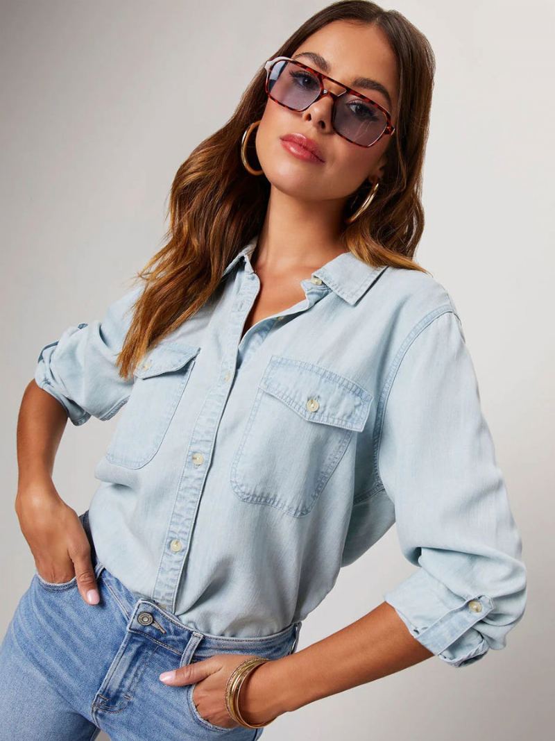 Denim Bluse For Kvinner Turndown Krage Klaff Lommer Daglig Topper - Lys Himmelblå