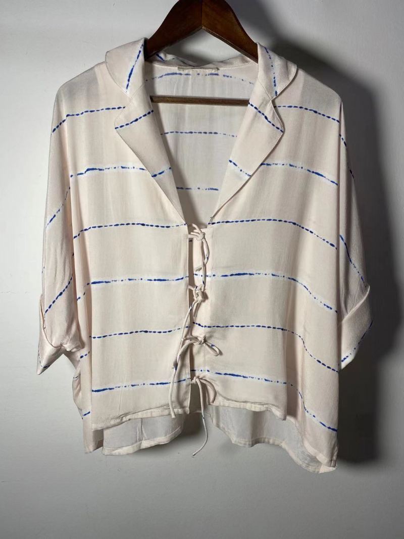 Ecru Hvit Skjorte For Kvinner Med Dyp Halsringning Korte Ermer Casual Resort Summer Top - Beige