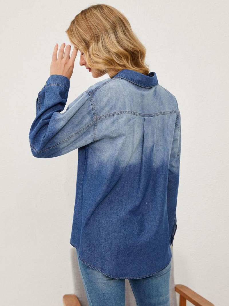 Gradient Dongeribluse Med Lange Ermer Knapper Busniess Uformelt Dametopp - Blå