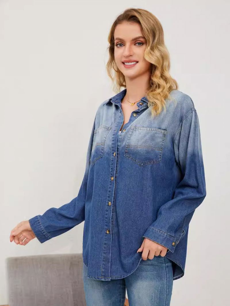 Gradient Dongeribluse Med Lange Ermer Knapper Busniess Uformelt Dametopp - Blå