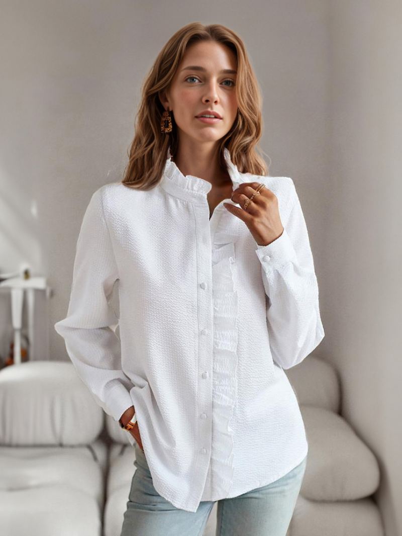 Kvinners Tekstur Bluse Med Lange Ermer Knapper I Mansjett Ruffles Trim Topp