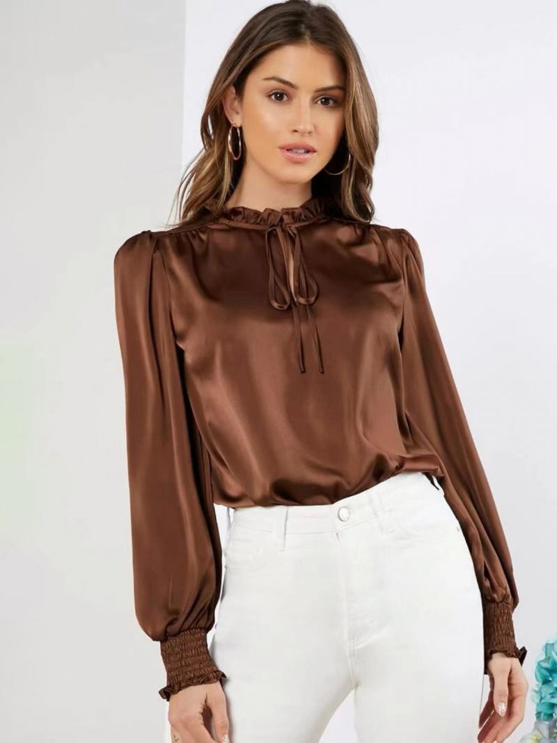 Satin Bluse Rund Hals Ballongermer Volanger Blonder Opp Kvinners Topp - Kaffe Brun