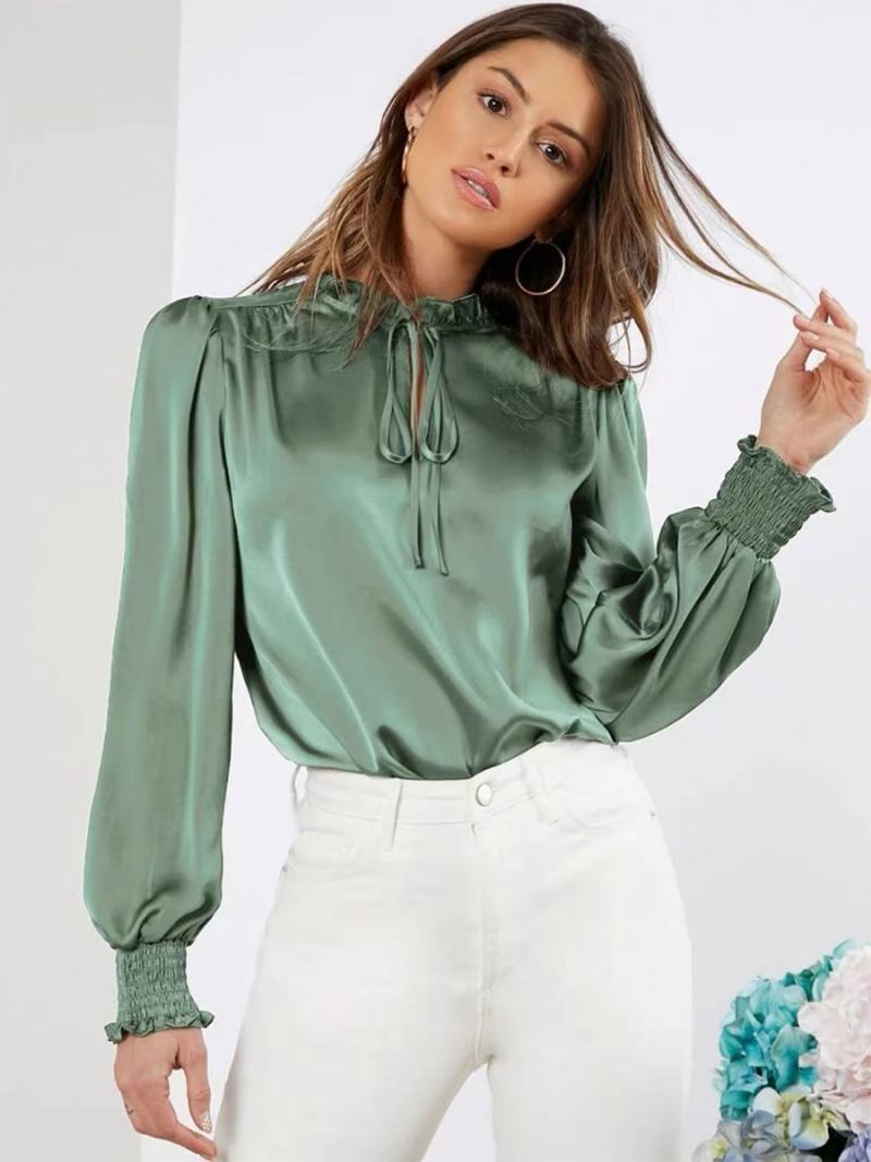 Satin Bluse Rund Hals Ballongermer Volanger Blonder Opp Kvinners Topp - Salvie